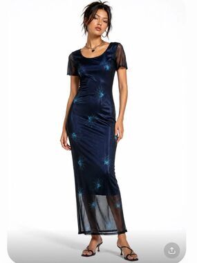 VINTAGE 90's Y2K GABICCI Dark Romantic  Navy Blue Printed Maxi Dress